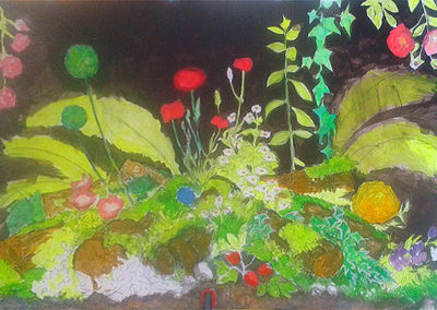 Etape 1 - Foyer végétal - peinture sur plaque de bois servant à obturer l'âtre d'un barbecue - 2014