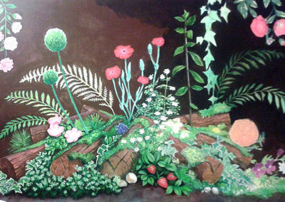 Etape 2 - Foyer végétal - peinture sur plaque de bois servant à obturer l'âtre d'un barbecue - 2014