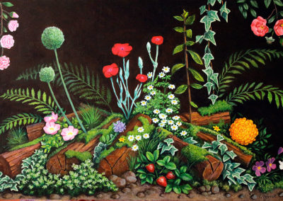 Foyer végétal - peinture sur plaque de bois servant à obturer l'âtre d'un barbecue - 2014